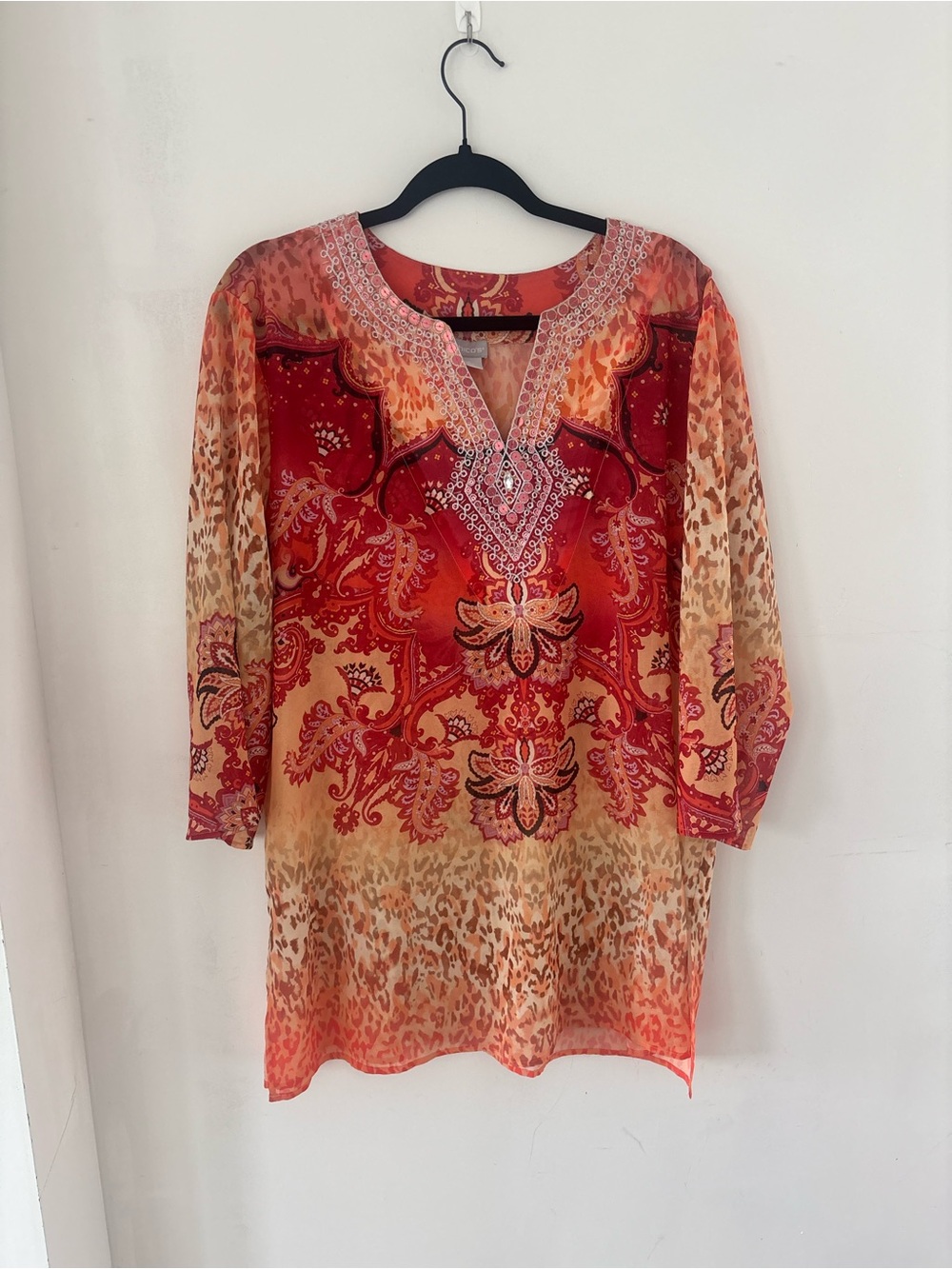 Chicos 16/18 Beaded Leopard Red Patterned V-Neck Women's Tunic Top